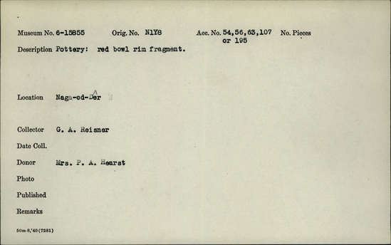 Documentation associated with Hearst Museum object titled Bowl fragment, accession number 6-15855, described as pottery: red bowl rim fragment