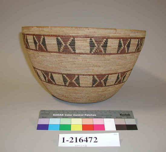 Hearst Museum object titled Basket, accession number 1-216472, described as Coiled. 2 rows of design, redbud and devil's-claw.