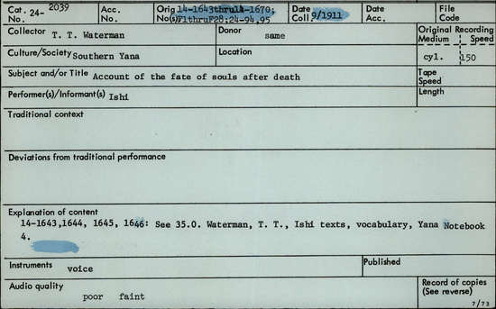 Documentation associated with Hearst Museum object titled Audio recording, accession number 24-2039, described as Account of the fate of souls after death