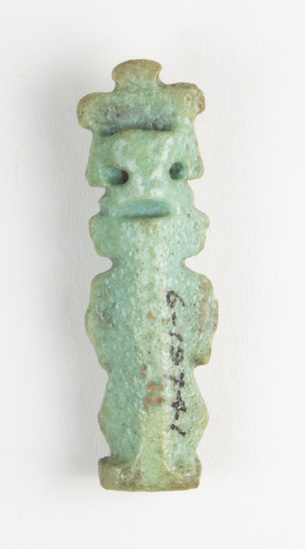 Hearst Museum object titled Pendant, accession number 6-19741, described as Green glaze pendant of Horus or Ptah Tannen with crown.