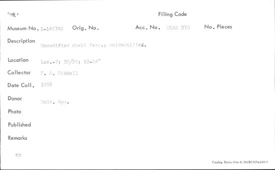 Documentation associated with Hearst Museum object titled Shell, accession number 1-148748, described as Unmodified, unidentified.