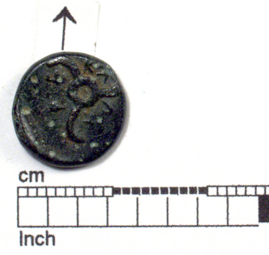 Hearst Museum object 2 of 6 titled Coin: æ, accession number 8-8080, described as Coin. Bronze, 12 mm. diameter, 1.9 grams. Obverse: Head facing left. Reverse: [untranscribable symbols with letters].