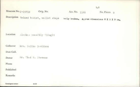 Documentation associated with Hearst Museum object titled Basket, accession number 2-29719, described as Twined, wallet shape. Badly broken.