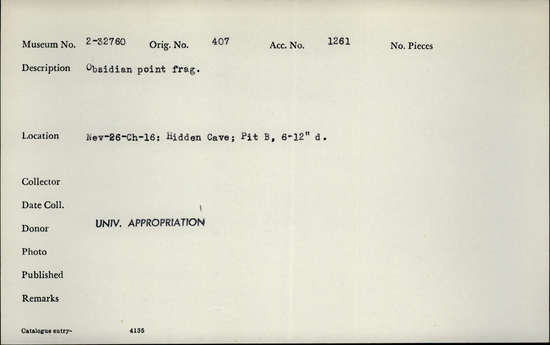 Documentation associated with Hearst Museum object titled Stone point, accession number 2-32760, described as Obsidian point fragment.