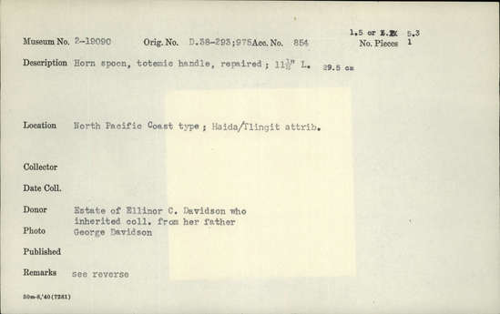 Documentation associated with Hearst Museum object titled Spoon, accession number 2-19090, described as Horn spoon, totemic handle, repaired.