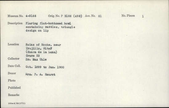 Documentation associated with Hearst Museum object titled Bowl, accession number 4-3166, described as Flaring flat-bottomed bowl containing trattles, triangles design on lip