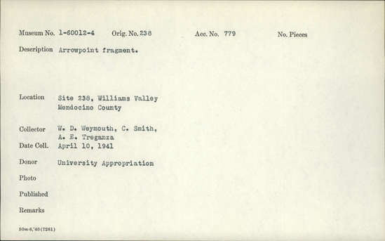 Documentation associated with Hearst Museum object titled Projectile point fragment, accession number 1-60014, described as Arrowpoint fragment