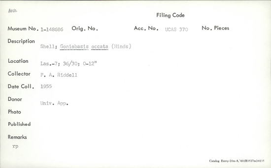 Documentation associated with Hearst Museum object titled Shell, accession number 1-148686, described as Goniobasis occata (Hinds).