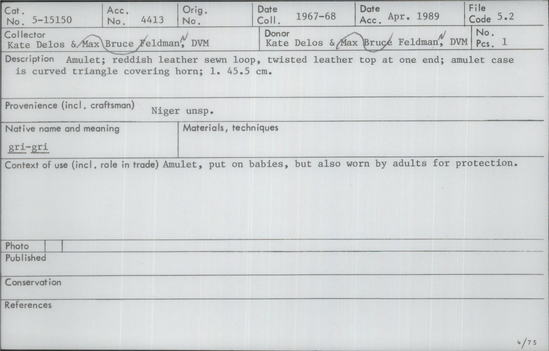 Documentation associated with Hearst Museum object titled Hide object, accession number 5-15150, described as Amulet, "gri-gri." Reddish leather sewn loop, twisted leather top at 1 end. Amulet case is curved triangle covering horn. Length 45.5 centimeters. From Niger (unspecified). Put on babies, but also worn by adults for protection.