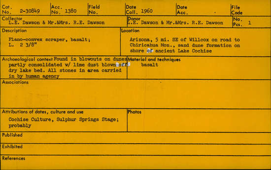 Documentation associated with Hearst Museum object titled Scraper, accession number 2-30849, described as Plano-convex scraper, basalt; length 2 3/8 inches.