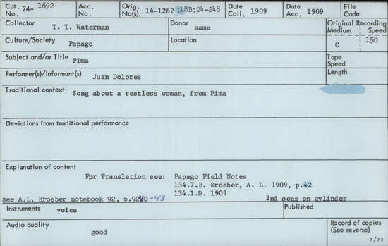 Documentation associated with Hearst Museum object titled Audio recording, accession number 24-1692, described as Song about Restless Women, from Pima