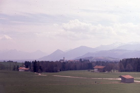 Hearst Museum object titled Color slide, accession number 25-27575, described as Green meadow with mountains in background