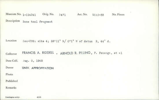 Documentation associated with Hearst Museum object titled Worked bone, accession number 1-114241, described as Bone.