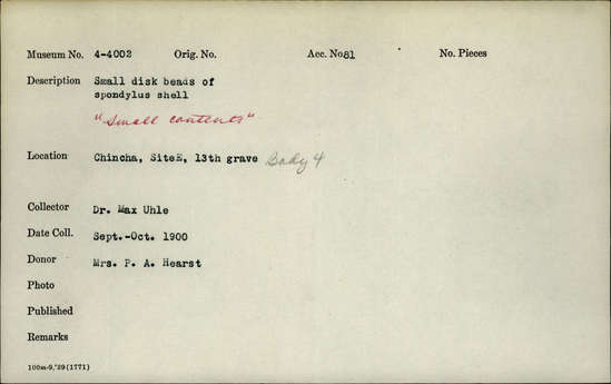 Documentation associated with Hearst Museum object titled Beads, accession number 4-4002, described as Small disk beads of spondylus shell.