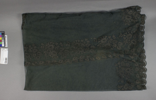 Hearst Museum object titled Shawl, accession number 7-3516, described as Shawl; cotton net; silk; embroidered in darning technique; black; floral designs. 41.5 x 47"; worn & faded