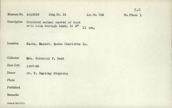 Documentation associated with Hearst Museum object titled Zoomorph, accession number 2-15538, described as Crouched animal carved of wood with hole through back.
