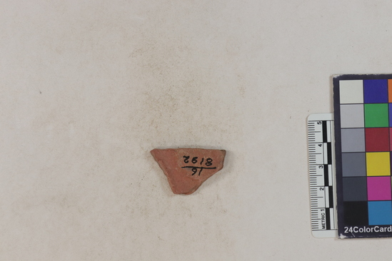 Hearst Museum object 104 of 183 titled Potsherd, accession number 16-8192, described as Potsherd: bodys Section of Manta on beach currently inhabited. Numbers  8111 to 8194 are sherds picked up on beach at low tide.