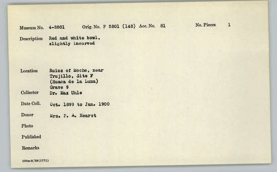 Documentation associated with Hearst Museum object titled Bowl, accession number 4-2801, described as Red and white bowl, slightly incurved