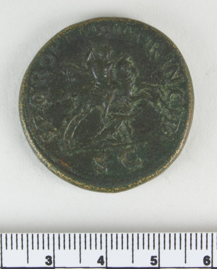 Hearst Museum object 2 of 12 titled Coin: æ sestertius, accession number 8-5518, described as Coin; AE; Sestertius; Roman. 26.65 grams, 33 mm. Trajan, 103-111 AD. Obverse: IMP CAES NERVAE TRAIANO AVG GER DAC PM TRP COS V(?) PP(?), head of Trajan r. laureate. Reverse: S.P.Q.R. OPTIMO PRINCIPI, Trajan mounted r. cuirassed and cloaked, lance aimed at barbarian r.; in exergue, S C