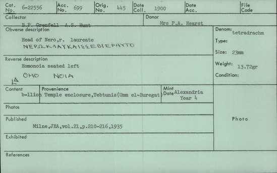 Documentation associated with Hearst Museum object titled Coin: billon tetradrachm, accession number 6-22556, described as Head of Nero, r., laureate