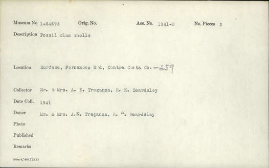 Documentation associated with Hearst Museum object titled Worked stone, accession number 1-64693, described as Fossil clam shells.