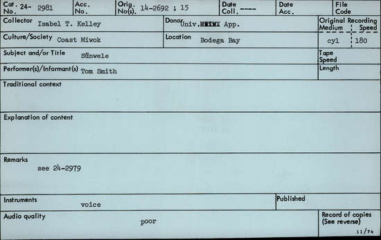 Documentation associated with Hearst Museum object titled Audio recording, accession number 24-2981, described as Sunwele Song