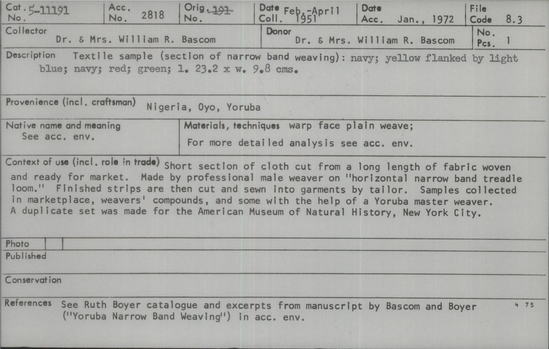 Documentation associated with Hearst Museum object titled Textile sample, accession number 5-11191, described as textile sample (section of narrow band weaving):  navy; yellow flanked by light blue; navy; red; green; l. 23.2 x w. 9.8 cms.