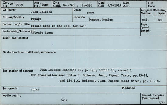 Documentation associated with Hearst Museum object titled Audio recording, accession number 24-2459, described as Speech Song in the Call for Rain Notebook 14, p.170 Series 16, Record 1