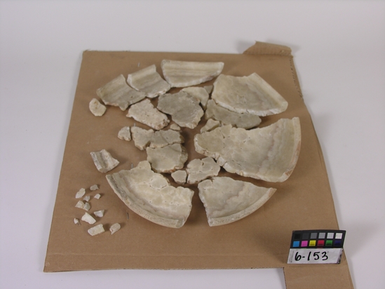 Hearst Museum object titled Bowl fragments, accession number 6-153, described as Alabaster bowl. Type XVII, d 9 fragments