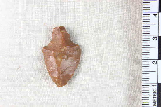 Hearst Museum object 2 of 4 titled Arrowhead, accession number 8-1328, described as Red flint arrowhead