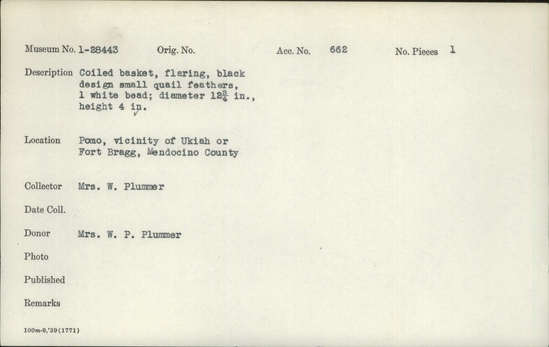 Documentation associated with Hearst Museum object titled Basket, accession number 1-28443, described as Coiled, flaring basket.  Black design, small quail feathers, 1 white bead.