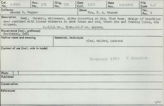 Documentation associated with Hearst Museum object titled Bowl, accession number 2-8290, described as Bowl. Ceramic, whiteware, sides incurving at rim, flat base, design of heartline deer combined with linear elements in dark brown and red, brown rim and framing lines, rim chipped. Clay, molded, painted. Height 13.4 cm.; diameter 16.5 cm. approximately