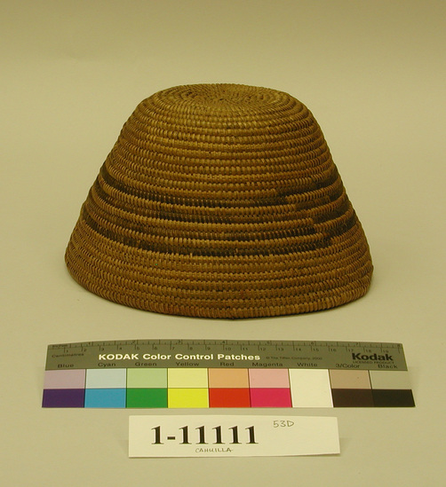 Hearst Museum object titled Cap, accession number 1-11111, described as Coiled basketry. Design of 4 black stripes.