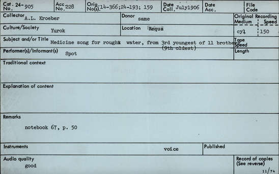 Documentation associated with Hearst Museum object titled Audio recording, accession number 24-905, described as Medicine Song for rough water from 3rd youngest (9th oldest) of 11 brothers