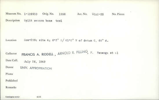 Documentation associated with Hearst Museum object titled Worked bone, accession number 1-109910, described as Split cannon bone.