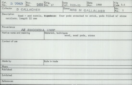 Documentation associated with Hearst Museum object titled Rattle, accession number 5-7069, described as 4 ball rattle on stick