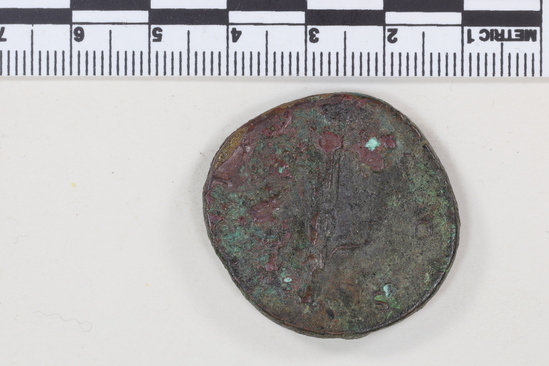 Hearst Museum object 11 of 14 titled Coin: æ sestertius, accession number 8-4015, described as Coin; AE; Sestertius; Roman. Antoninus Pius, 148-149 AD. Rome, Italy. Obverse: ANTONINVS AVG PIVS P P TR P XII, Bust r. laureate. Reverse: COS IIII Aequitas standing l. holds scales and cornucopiae; S C.