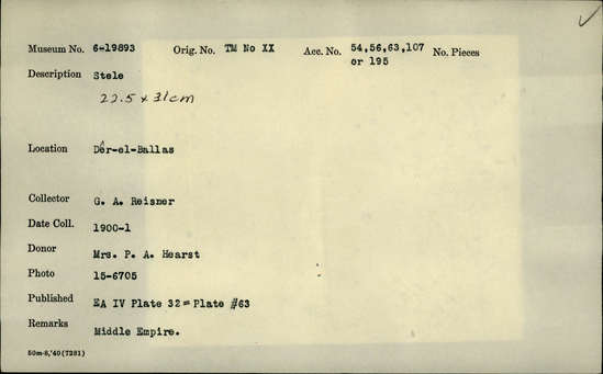 Documentation associated with Hearst Museum object titled Stela, accession number 6-19893, described as stele. 22.5x31cm