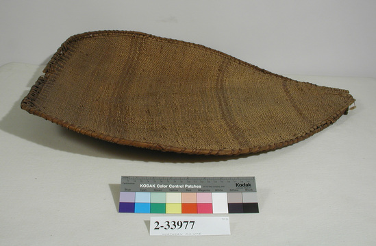 Hearst Museum object titled Winnowing tray, accession number 2-33977, described as Diagonal twined. 4 brown band designs.