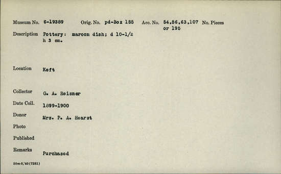 Documentation associated with Hearst Museum object titled Dish, accession number 6-19389, described as Pottery: maroon dish; d 10.5 height 3 cm