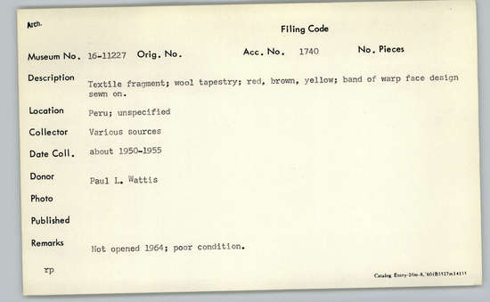 Documentation associated with Hearst Museum object titled Textile fragment, accession number 16-11227, no description available.