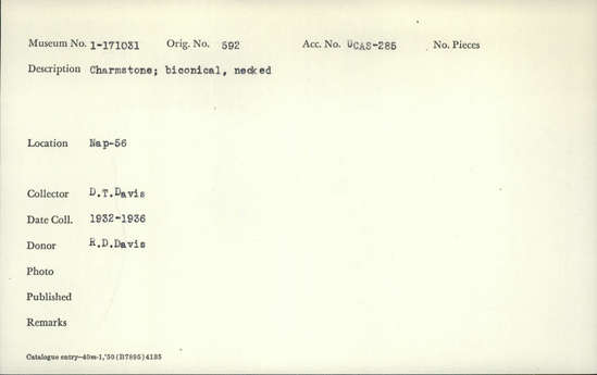 Documentation associated with Hearst Museum object titled Charmstone, accession number 1-171031, described as charmstone, biconical, necked