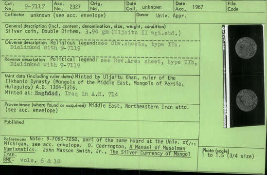 Documentation associated with Hearst Museum object titled Coin: ar double dirhem, accession number 9-7117, described as Silver coin, Double Dirhem, 3.94 gm (Ghazan-Uljaitu II weight standard)