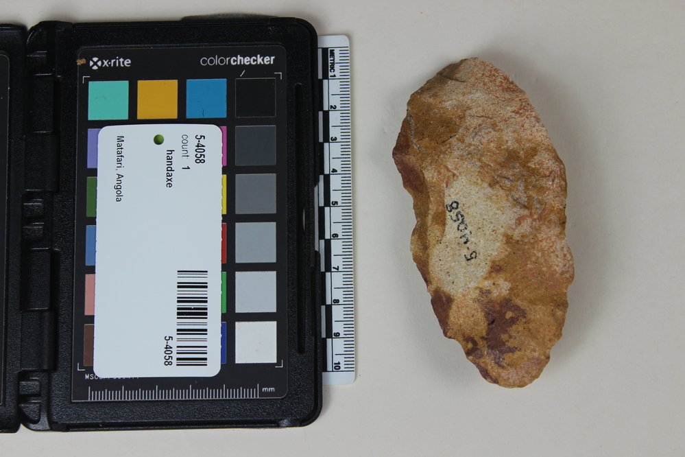 Hearst Museum object titled Handaxe, accession number 5-4058, described as Quartzite core axe; bifaced; 1. 10.5 cm.