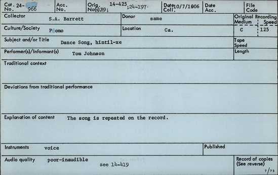 Documentation associated with Hearst Museum object titled Audio recording, accession number 24-966, described as Dance Song (hintil xe)