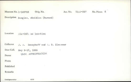 Documentation associated with Hearst Museum object titled Bangles, accession number 1-163703, described as Obsidian, burned.