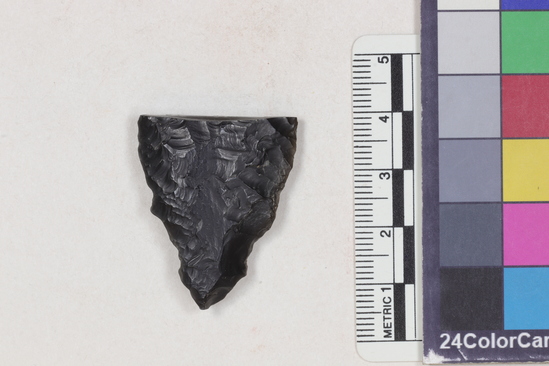 Hearst Museum object 2 of 2 titled Projectile point fragment, accession number 16-14312, described as Projectile point; obsidian; triangular; weight: 7.44 grams; length: 3.4 cm; width: 2.8 cm; depth: 0.8 cm; convex sides; broken.