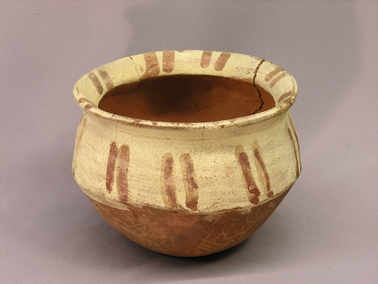 Hearst Museum object 4 of 5 titled Bowl, accession number 4-2810, described as Deep bowl, upper part white, red lines