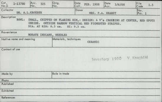 Documentation associated with Hearst Museum object titled Bowl, accession number 1-13780, described as Small, chipped on flaring rim.  Design: 4 V's crossing at center, red spots outside; outside narrow vertical red pigmented stripes.  Ceramic.