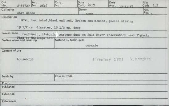 Documentation associated with Hearst Museum object titled Bowl, accession number 2-57729, described as Burnished, ceramic, black and red. Broken and mended, pieces missing.